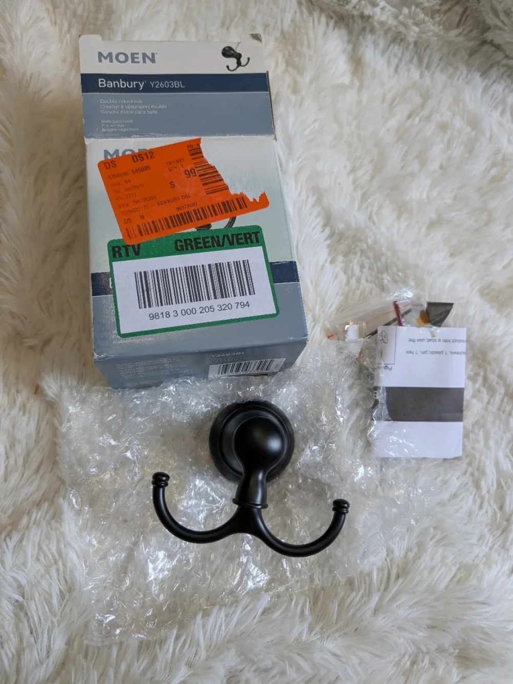 Moen Banbury Y3603BL Double Robe Hook Matte Black Finish New In Box